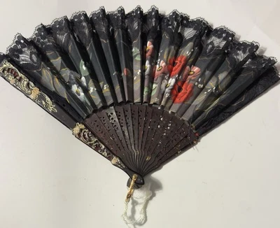 Antique Vintage French Style Fan Hand Painted With Lace - Image 1 of 4