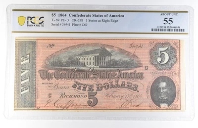 1864 $5 Confederate States Of America T-69 PF-3 CR-558 About Unc 55 PCGS *8140 - Image 1 of 3