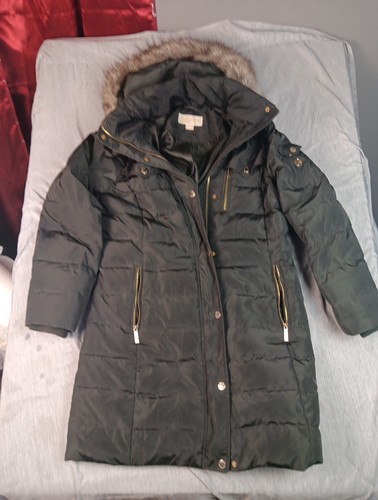 Michael Kors piumino misto cappotto donna grande pelliccia sintetica cappuccio puffer verde parka