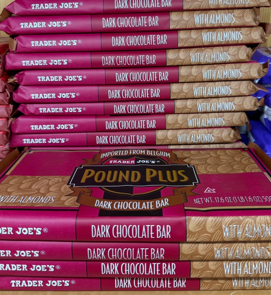 NEW 2 X Trader Joe's Pound Belgium Dark Chocolate Almond Bars 17.6 oz/1 lb EACH - Image 1 of 1