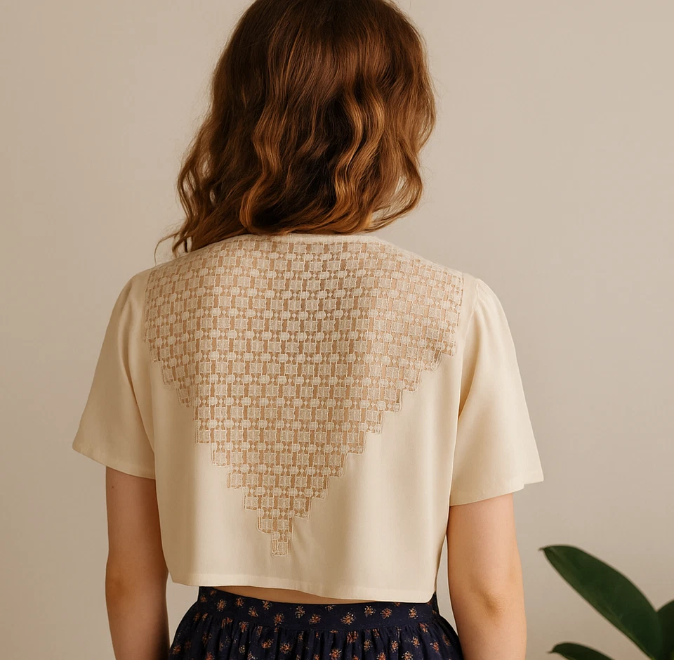 Vintage 1970s Boho Paris Silk Blouse Ivory Lace Back Cropped Top Covered Buttons - Image 1 of 4
