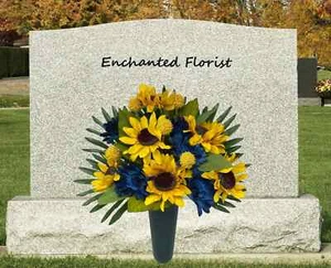 Cemetery Flowers - Gravesite Floral Arrangement - Sunflowers Yellow Blue - Picture 1 of 5