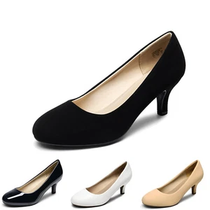 Women's Low Heel Pump Shoes Round Toe Slip On for Wedding Party Casual Office - Picture 1 of 32