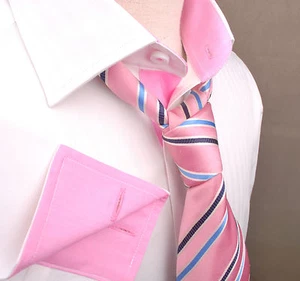 White Herringbone Twill Dress Shirt Business Formal Pink Poplin Mens French Cuff - Picture 1 of 12