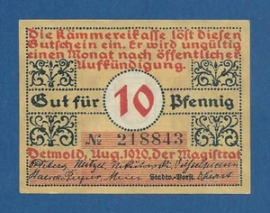 ALEMANIA // GERMANY -- NOTGELD -- DETMOLD -- 10 PFENNIG ( 1920 ) -- aUNC . - Picture 1 of 2