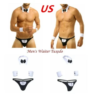 Men's Waiter Lingerie Set Cosplay Tuxedo Thong Underwear with Bow Tie Collar - Picture 1 of 17