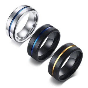 Male's Silver+Blue Black+Rainbow Black+Blue 8mm Engagement Matte Ring Size 7-12 - Picture 1 of 14