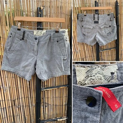 River Island Vintage Y2K 00s 90s Grey Herringbone Tweed Military Shorts UK 10 - Image 1 of 4