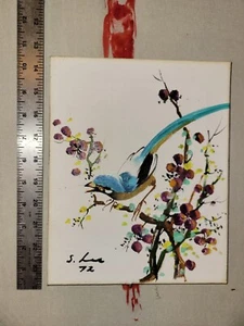 S. Lee  asian Painting bird  plum blossoms Signed Original 8x10 1972 - Picture 1 of 5