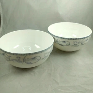 Set of 2 Porcelain Bowls White w/Blue Design Asian Script Yellow Swoop Mark  - Picture 1 of 4