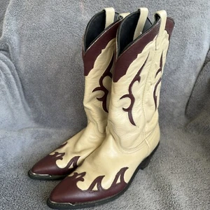 Vintage Dan Post Cowboy Boots Mens 7.5 Leather Tan Maroon Western Made In USA - Picture 1 of 14