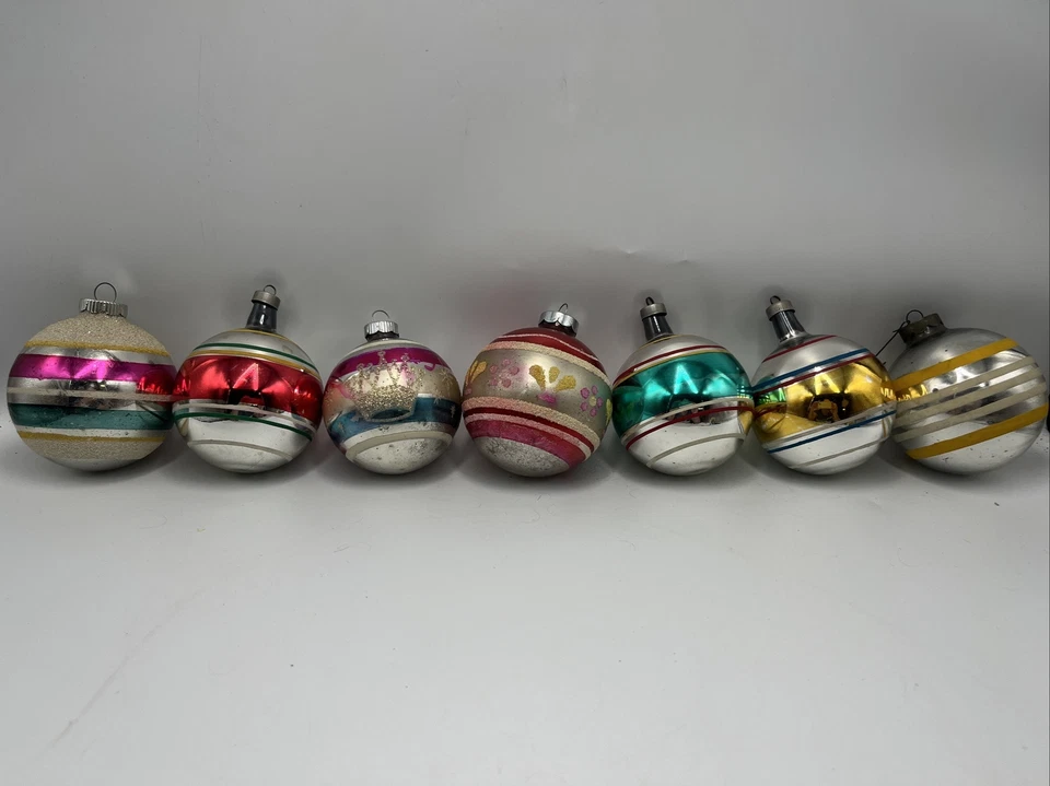 Vtg Lot 7 Shiny Brite Mercury Glass Striped Ball Christmas Ornaments Mica - Image 1 of 4