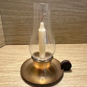 Vintage MCM Emkay Minimalist Mini Hurricane Candlestick Holder Copper Wood Glass - Picture 1 of 10