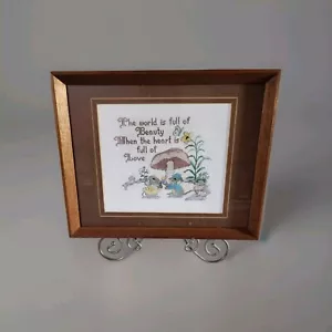 Vintage Nadelspitze Pilze Mäuse Blumen Handarbeit Holz gerahmt Deko Bild Kunst - Bild 1 von 5