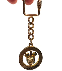 Vintage Disneyland Park Spinning Mickey Mouse Face Brass Patina Keychain 4.5" - Picture 1 of 6