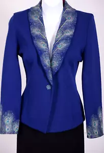 ST.JOHN Womens Blue With Blue Teal Gold Embroidered Studs Rhinestone Jacket Sz 8 - Picture 1 of 4