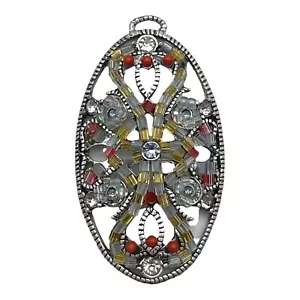 Vintage Silver Tone Beaded Oval Pendant Signed LC - Picture 1 of 9