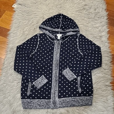 Chicos zenergy navy blue and silver polka dot cotton blend zip up sweatshirt - Image 1 of 4