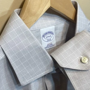 Brooks Brothers 346 Shirt Mens 17 4/5 XL Gray Check Button Up Non-Iron Slim Fit - Picture 1 of 9