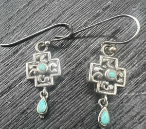 BARSE Sterling Silver Turquoise Cross Teardrop Drop Dangle Earrings - Picture 1 of 6