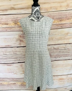 LOFT Women’s Ivory Plaid Tweed Print Crew Neck Fit & Flare Ruffle Hem Knit Dress - Picture 1 of 14