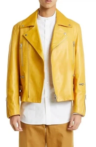 Men's Yellow Motorcycle Jacket Soft Lambskin Leather Silver Zip Up Biker Jacket - Picture 1 of 6