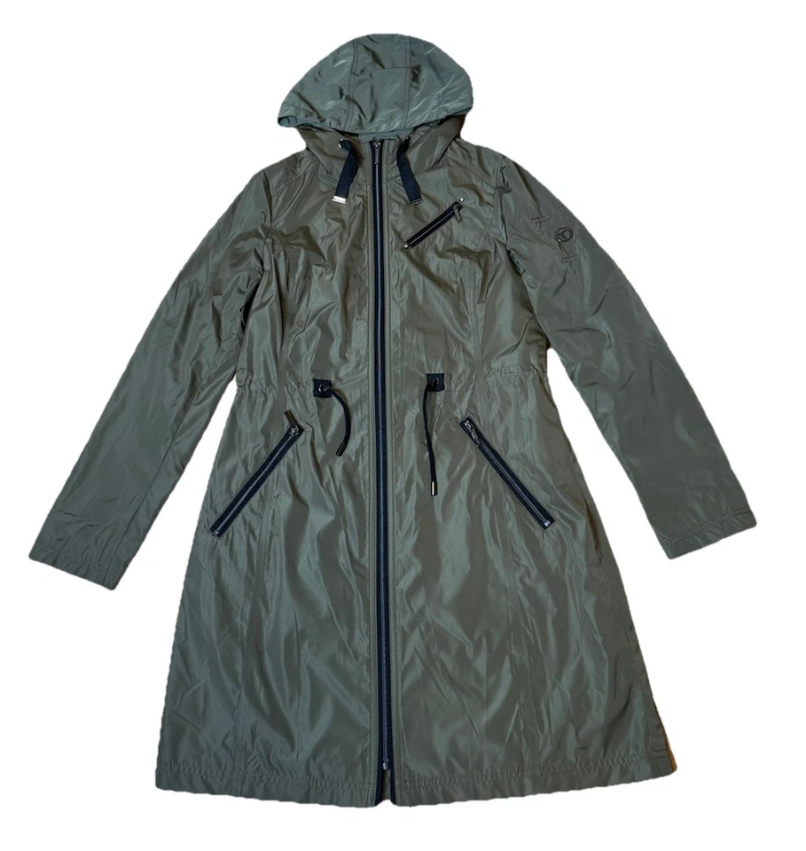 T Tahari Mujer Verde L/S Capucha Cremallera Completa Bolsillos Trench Abrigo de Lluvia Talla Pequeña Foto 1 de 4