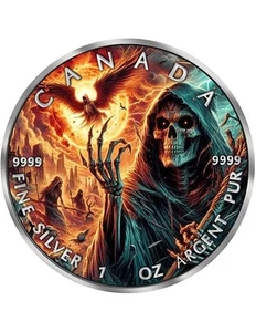 Moneda de plata GRIM REAPER Death Maple Leaf Armageddon X 1 OZ 5$ Canadá 2025 - Imagen 1 de 3