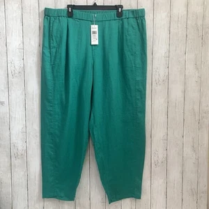 NWT Eileen Fisher 100% Organic Linen Lantern Ankle Green 2X Pants Pull On Pocket - Picture 1 of 21