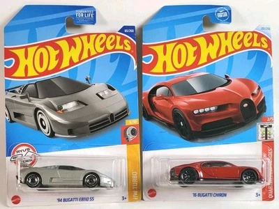 2 Car Lot Hot Wheels '94 Bugatti EB110 SS Gray HW Turbo '16 Chiron Red 1/4 Mile  - Image 1 of 3