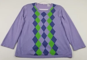 Sweater Women's XL Extra Large Purple Green Blue Argyle Crewneck 3/4 Sleeve Knit - Picture 1 of 9