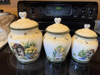 Raro Juego de Botes de Cerámica "Bless my Garden" de Expressions con Pájaros Azules y Abejas Foto 1 de 4