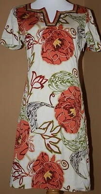 Dana Buchman Coral Green Poppy Floral Dress Short Sleeves 8 - Image 1 of 4