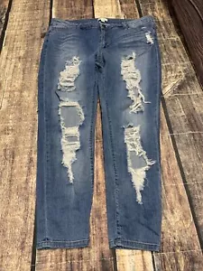 Pantalones de mezclilla Forever 21 talla grande para mujer 20 ajustados al tobillo desgastados cintura alta elásticos - Imagen 1 de 11