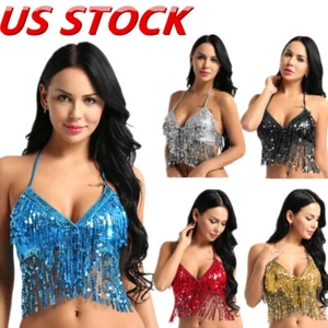 Sujetador con borla y lentejuelas brillantes para mujer Top Halter con cordones Sujetadores de danza del vientre con aros - Imagen 1 de 84