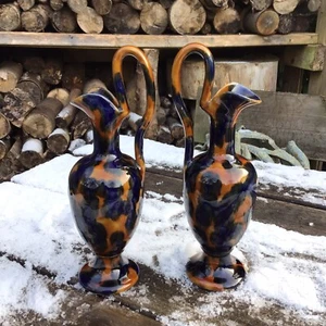 Antique c.1900 Pair of Bourne Denby Majolica Tortoiseshell Glaze Ewers Vases AF - Picture 1 of 13