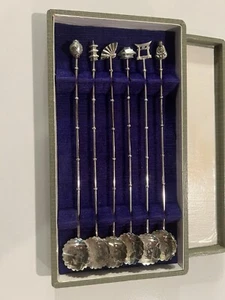 ANTIQUE JAPANESE  STERLING Silver TEA SIPPER SPOONS W/ Case Set Of 6 - Picture 1 of 6