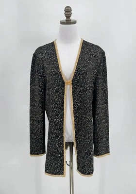 Cárdigan Suéter St. John Evening Negro Dorado Santana Tejido Botón Prendedor Talla 14 Foto 1 de 4