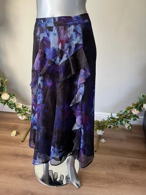 TED BAKER Midi Skirt TB 2 UK 10 Peyyton Black Purple Floral Waterfall Ruffle NEW - Image 1 of 4