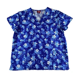 Divine Curves 1X Floral Print Scrub Top V Neck Blue Women's - Picture 1 of 9