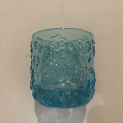 Candle Holder Glass Tea Light Votive Aqua Blue Flowered 2.5 x2.5” - Image 1 of 4