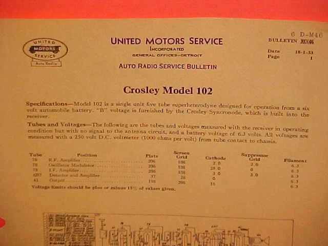 UNITED MOTORS DELCO CROSLEY MODELO 102 1933 BOLETÍN MANUAL DE DATOS DE SERVICIO DE RADIO Foto 1 de 1