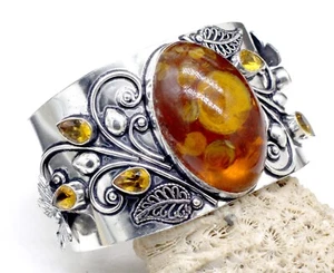 925 Sterling Silver Baltic Amber & Citrine Gemstone Jewelry Cuff Bracelet Sz-ADJ - Picture 1 of 8