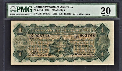 Australia KGV One Pound 1927 Riddle-Heathershaw Pick-16c Very Fine PMG 20 - Image 1 of 2