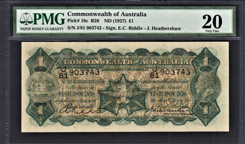 Australia KGV One Pound 1927 Riddle-Heathershaw Pick-16c Very Fine PMG 20 - Image 1 of 2