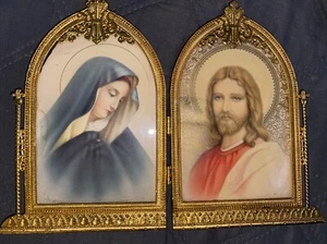 Vintage religiöser Druck Jesus und Maria aufklappbarer Metallrahmen wunderschön LESEN - Bild 1 von 12