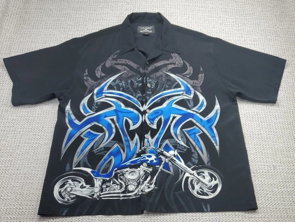 Camisa CHROME EAGLE Para Hombres XL Abotonada Llamas Hawaianas Motociclista Chopper Retro Años 90 Y2K Foto 1 de 4