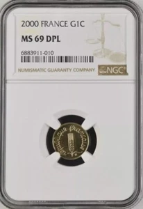 FRANCE , GOLD 1 CENTIME 2000 - NGC MS 69 DPL , RARE12 - Picture 1 of 2