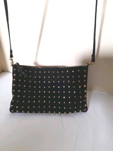 Vintage Topshop Black Suede Leather Crossbody Bag Clutch Gold Studs VGC - Picture 1 of 10