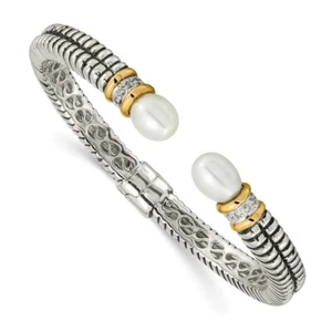 Pearl & Diamond Cuff Bangle Sterling Silver 14K Gold Accent 0.10 Ct Shey Couture - Picture 1 of 2